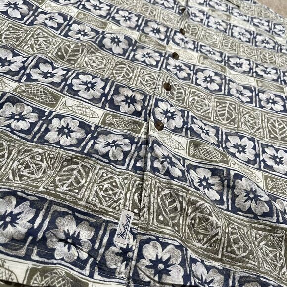 Woolrich Shirt Adult Extra Medium Green Blue Floral Hawaiian Short Sleeve Mens - Picture 3 of 9